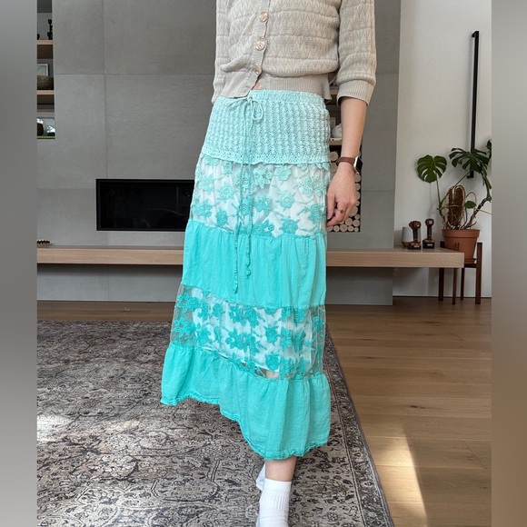 Vintage Dresses & Skirts - Vintage cotton and lace ombré Aqua Tiered midi Skirt small to medium